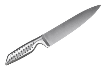 Chef kitchen knife close up isolated on a white backgroundの写真素材