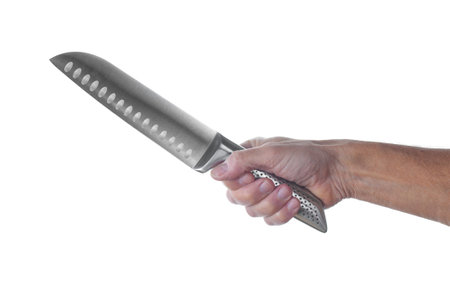 Chef kitchen knife santoku in hand close up isolated on a white backgroundの写真素材