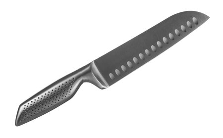 Chef kitchen knife santoku close up isolated on white backgroundの写真素材