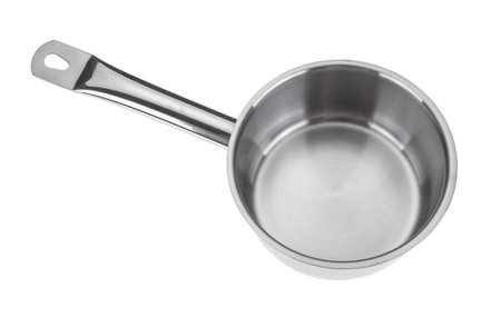 Empty steel saucepan closeup on white backgroundの写真素材