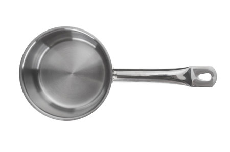 Empty steel saucepan closeup on white background. View aboveの写真素材