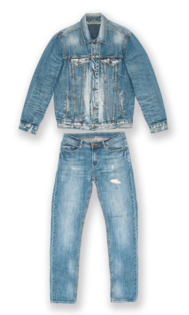 Jeans jacket and trousers on a white backgroundの写真素材