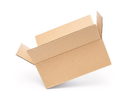 Open cardboard box close up isolated on white backgroundの写真素材