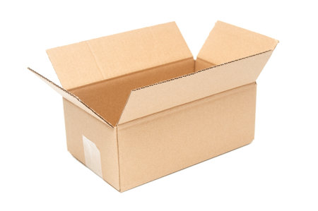Open cardboard box close up isolated on white backgroundの写真素材