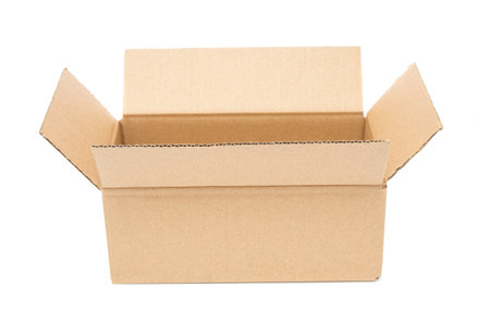Open cardboard box close up isolated on white backgroundの写真素材