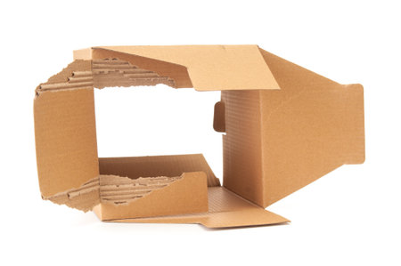 Damaged crumpled cardboard box isolated on white background