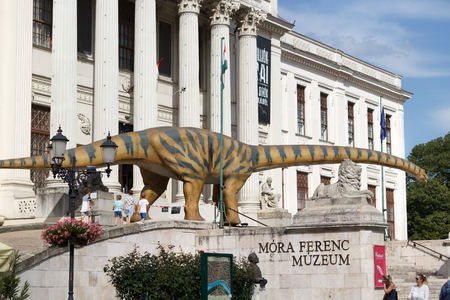 SZEGED, HUNGARY - JULY 14, 2018: Millions of years of lords - Lifelike dinos from America, exhibition. From 14 July to 10 January. Mora Ferenc Museum outsideのeditorial素材
