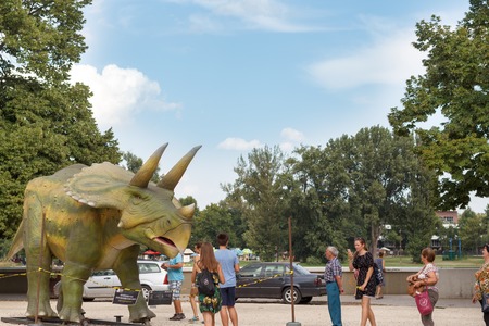 SZEGED, HUNGARY - JULY 14, 2018: Millions of years of lords - Lifelike dinos from America, exhibition. From 14 July to 10 January. Mora Ferenc Museum outsideのeditorial素材