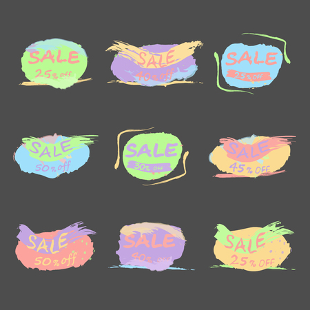 Sale banner set, 25-50 percent off. Abstract artistic brush strokes, pastel colors.のイラスト素材