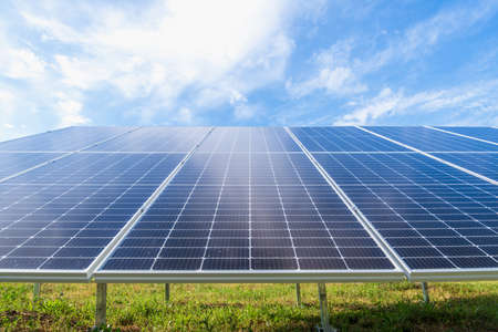 Solar panels mounted on the ground.