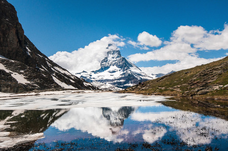 Reflection of Matterhorn in the swiss alpsの写真素材