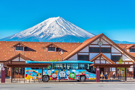 KAWAGUCHIKO, JAPAN - May 21 2015 : Thomas Bus in Kawaguchiko station, Japan on May 21 2015.  Thomas bus between Shinjiku and Fuji-Q Highland on Kawaguchiko station bus stop with Mount Fuji backgroundのeditorial素材