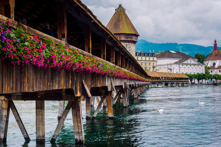 Old Tower and Bridge of Lucerne, Switzerland. Vintage colorの写真素材