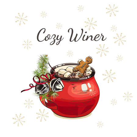 christmas card with red cocoa mug, red ribbon, bells, snow, christmas tree branch hand drawing, cookie manのイラスト素材