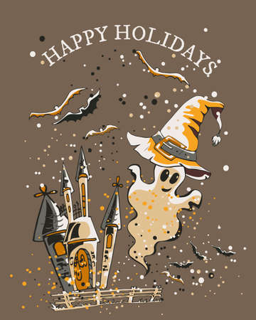 night city in halloween with text happy Holidays, hand drawing, orange, gray, invitation card, postcardのイラスト素材