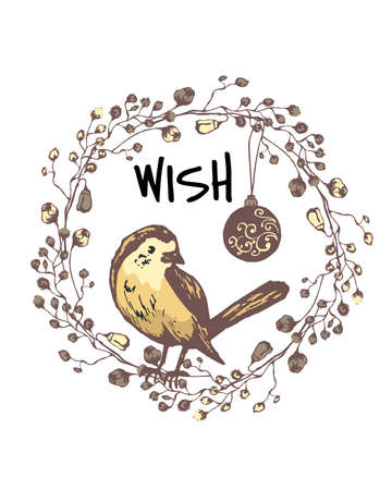 a wreath of branches, a bird with a New Year's toy, a graphic illustration for the new year, a Christmas present, a postcard, a card for congratulations, hand drawing, outline black, brownのイラスト素材