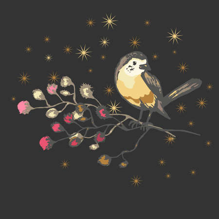 bird sitting on a branch, dark background, golden stars, graphic illustrationのイラスト素材
