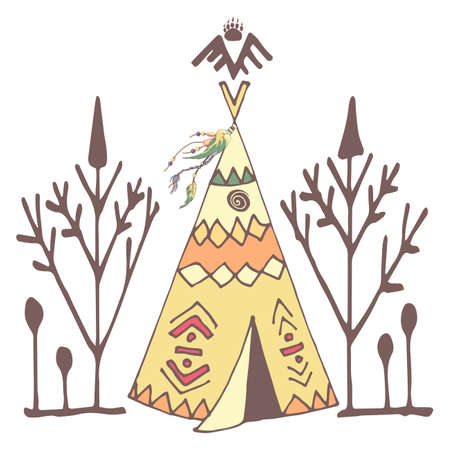 colored wigwam, shawl, tree symbol, footprint of the beast, rock art, vector illustrationのイラスト素材