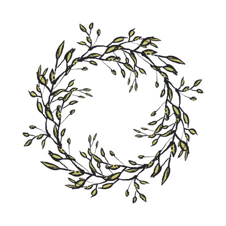 circle of a branch, a wreath with leaves, drawing by hands, graphics, black outline, green leaves, template, print design, postcard, cardのイラスト素材