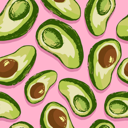 two halves of avocado, with and without bone, graphic drawing in green on a white background, pink...