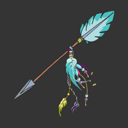 boho style, element of an idnian tribe, vector isolated illustration, colorful hand drawing, bow, arrow, cartoon, sign, symbol, dark backgroundのイラスト素材