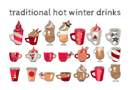 traditional hot winter drinks, set of cups with christmas design elements, template for decor, cards and congratulations, graphic illustration with hands, red, white, blackのイラスト素材
