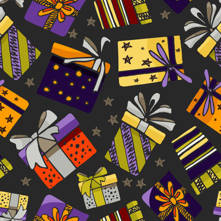 set of gift boxes with bows, hand drawing, color, seamless patternのイラスト素材