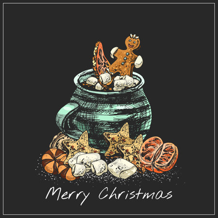 merry christmas text, cup, mug of hot chocolate, marshmallows, cookies, gingerbreadのイラスト素材