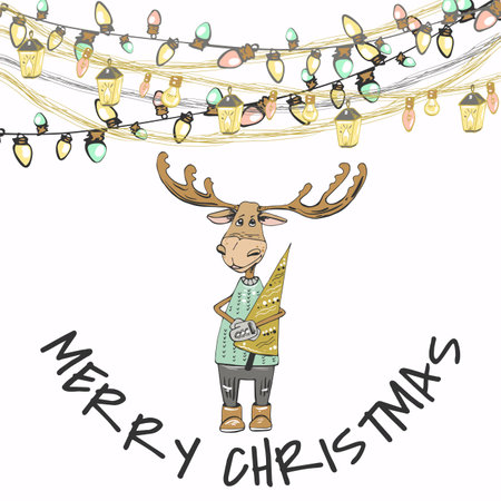 card merry christmas, deer in clothes, with a tree, a garland of light bulbs and ribbons, text, congratulations, invitationのイラスト素材