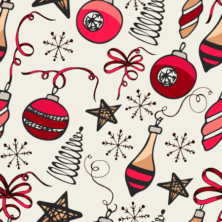 Christmas seamless background, Christmas balls, icicles, ribbon, bows, toys, graphics, snowflakes, red, black, white, grayのイラスト素材