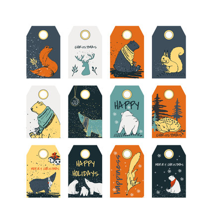 christmas tag, new year, sticker, gift label, set of 12 designs, bear, fox, deer, plants, squirrel, spruce, snow, graphic illustrations, vector hand drawing on brown background, vintage retro styleのイラスト素材