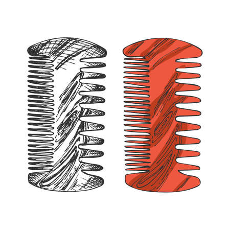 wooden comb, set from vector graphic and color illustration, contour drawing of a hair care item, hairdresser toolのイラスト素材