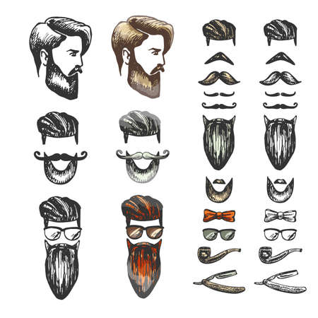 hair, beard, hairstyle mens, glasses, butterfly, mustache, graphic vector color isolated illustration, mens style design, color vector set of stylish men images on white backgroundのイラスト素材