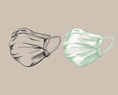 medical mask, quarantine, outline and volumetric drawing, safety symbol, health Virus protective breathing masks. Industrial Safety N95 Mask, Dust Respirator and Respiratory Medical Respirator Maskのイラスト素材