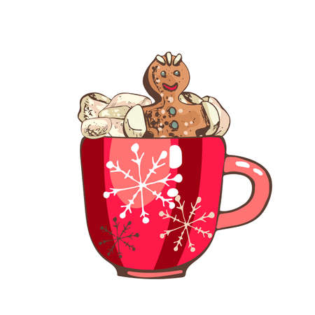 red mug with hot drink and marshmallows, christmas gingerbread, ribbon, new year cardのイラスト素材