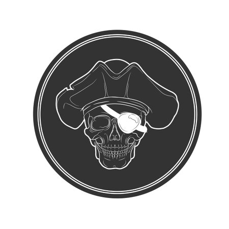pirate skull with hat, black circle, label, emblem,  white linear outlineのイラスト素材
