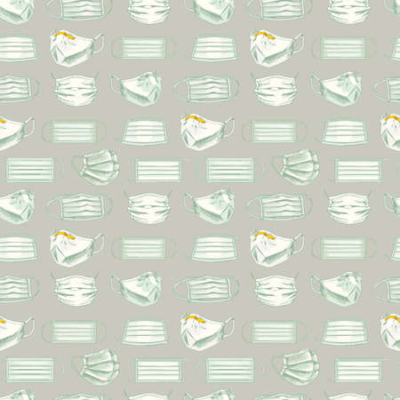set of masks, medical, detailed, safety symbol, seamless pattern, coronavirus protection, respiratorのイラスト素材