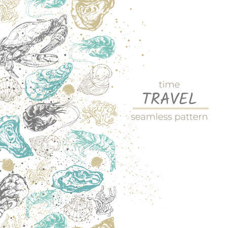 time to travel, poster, seamless pattern, shrimp, crab, shell, seaweed, corals, oysterのイラスト素材