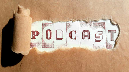 Podcast sign - vintage written on brown paper, internet broadcast, media and communication conceptの写真素材