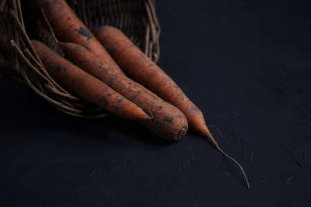 Fresh carrots lie in a basket on a black background, collected in a vegetable garden.Close-upの写真素材