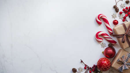 Gift boxes packed in brown paper and tied with ribbon, Christmas red toys and lollipops, pine cones...
