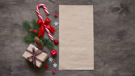christmas or new year background, simple composition of christmas decoration gift boxes, red balls,...