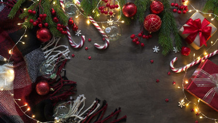 Christmas or New Year background, simple composition of checkered plaid, garland, Christmas gift...