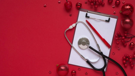 Christmas medical banner, red balls, berries, stars, stethoscope and tablet on red background top...