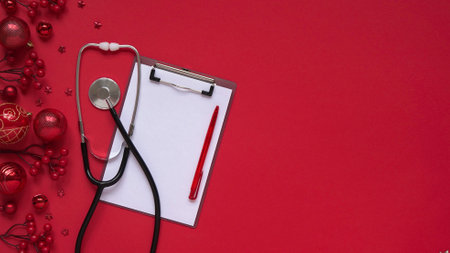 Christmas medical banner, red balls, berries, stars, stethoscope and tablet on red background top...