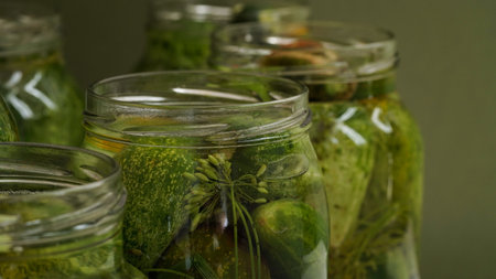 Closeup glass jars filled with fresh cucumbers, dill, garlic and black pepper and poured with brine green background.Canning, pickling fermenting vegetables.Homemade pickling cucumber recipes.Copy spaceの写真素材