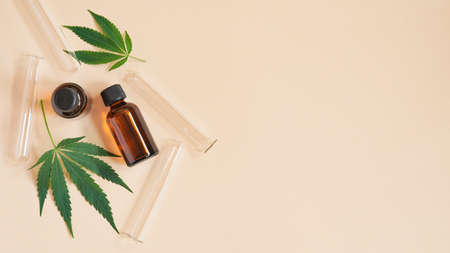 Medical Marijuana Cannabis oil extract in bottle green hemp leaves and glass test tubes beige background.Close-up glass bottles with CBD oil, THC tincture and hemp leaves, top view, flat lay.Copy spaceの写真素材