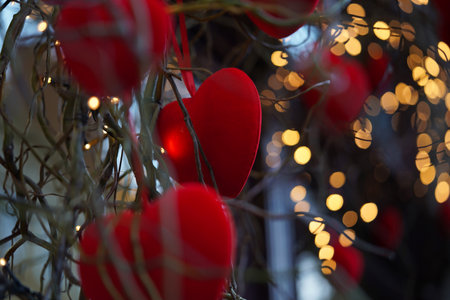 Close-up of red velvet hearts on willow branches among garland of lanterns,festive decor for Valentine's Day.Beautifully decorated shop window in the city.Cityscape, hearts in snow.の写真素材