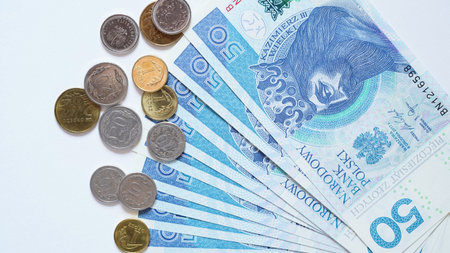 Close-up of zloty banknotes and coins on a white background, Polish currency. The concept of...
