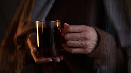 Close-up of glass cup with tea in female hands outside window wet from rain,drops flow down...